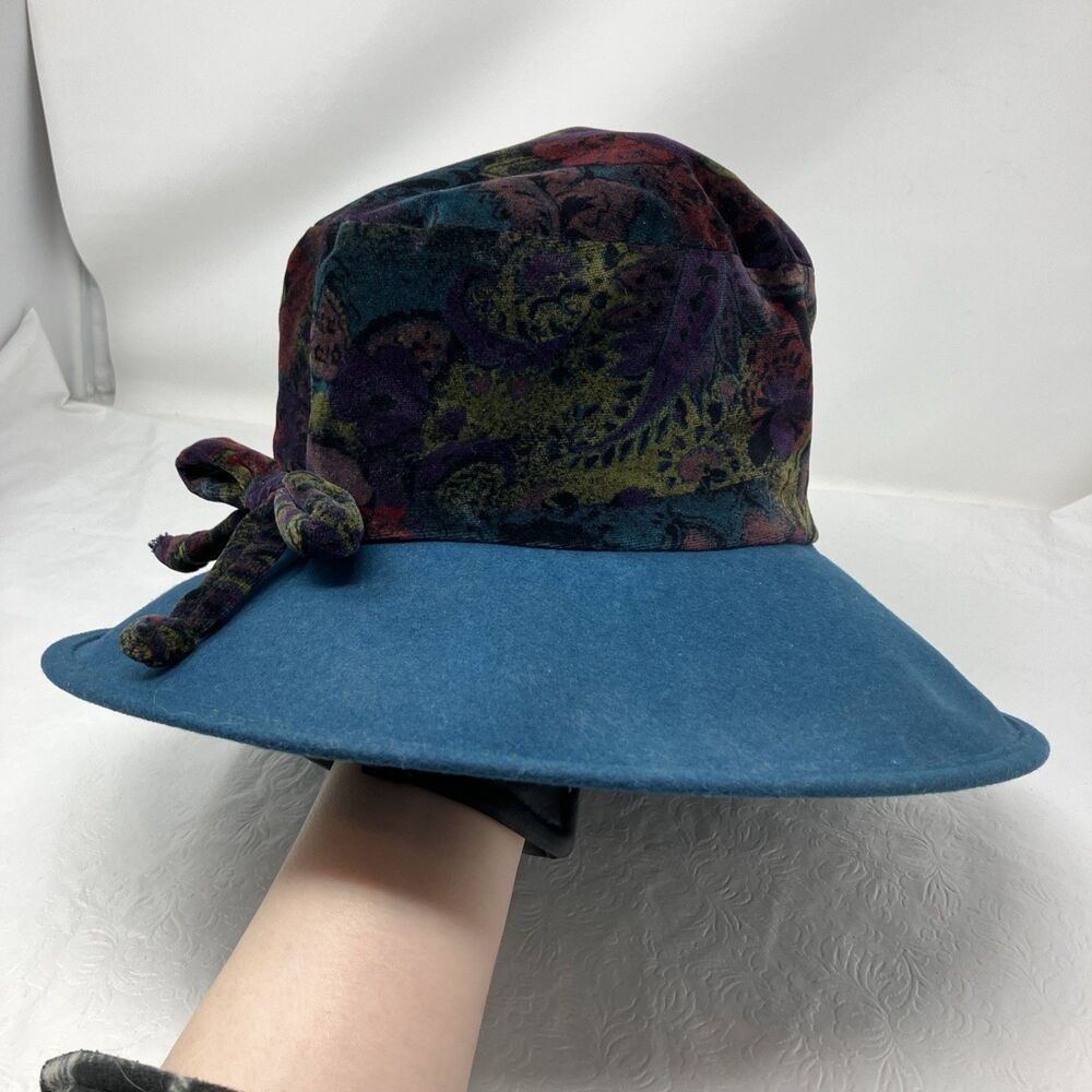 Eric Javits Hat Velvet Velour Bucket Felt Wool Wide Large Brim VTG Boho Teal